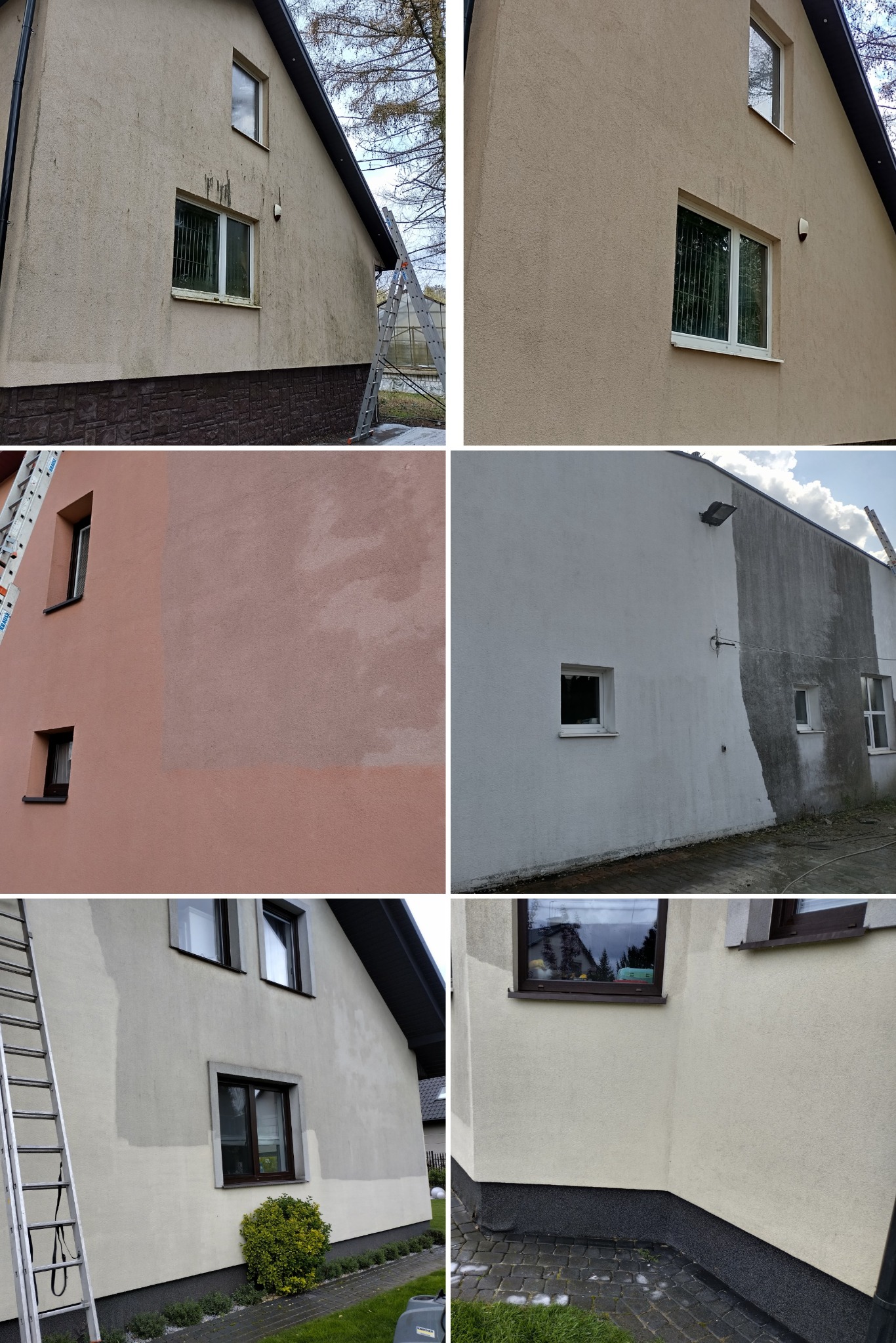 Kolaż elewacji domu przed i w trakcie malowania/czyszczenia. Widoczne różnice w kolorze, czystości i zastosowanych narzędziach (drabina). Prezentacja postępu prac.