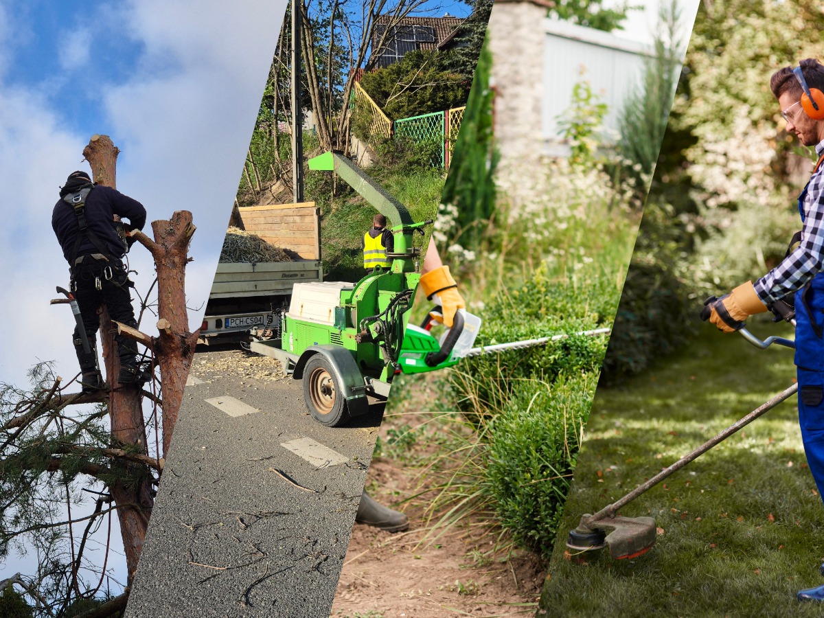 Montaż zdjęć: wycinka drzew z użyciem podnośnika, rozdrabniarka gałęzi przy ciężarówce, koszenie trawy podkaszarką przez ogrodnika w słuchawkach.