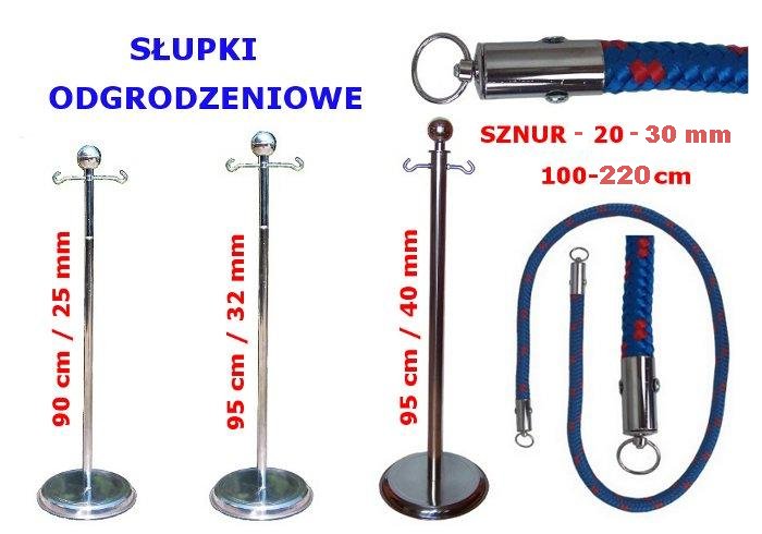Zestaw słupków odgradzających ze sznurami w różnych rozmiarach, prezentacja specyfikacji technicznych.