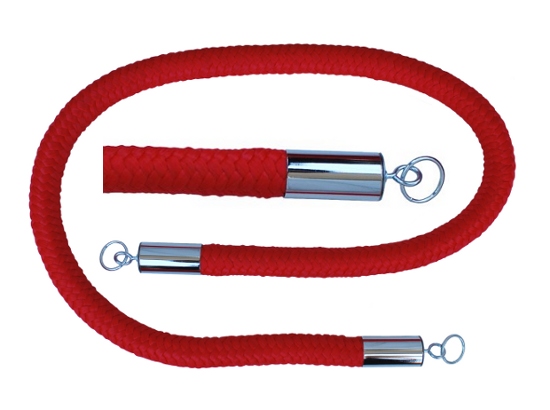 Czerwony sznur odgradzający z chromowanymi końcówkami i metalowymi oczkami do mocowania, ułożony w kształt litery U na białym tle.