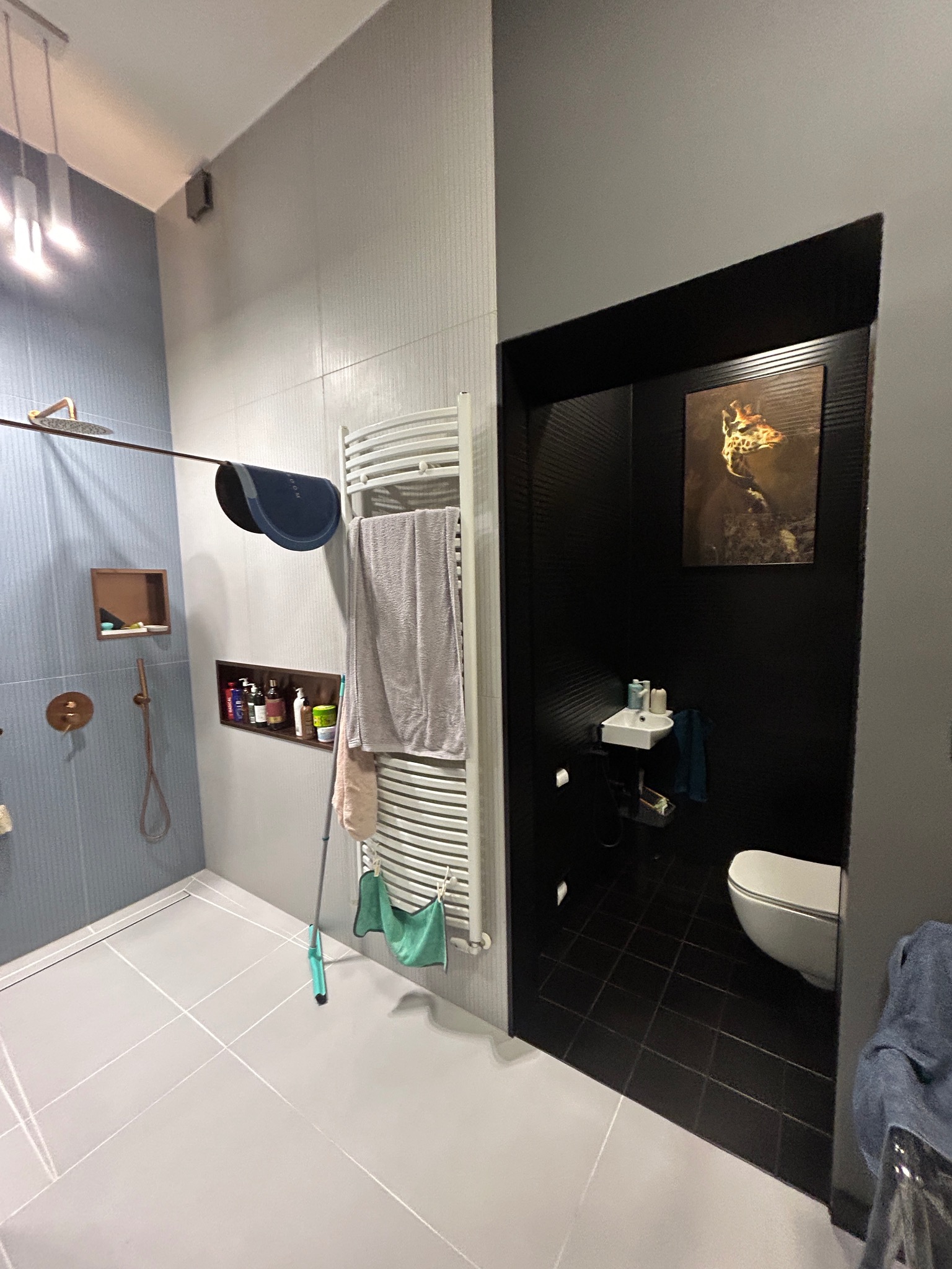 Nowoczesna łazienka z kabiną prysznicową w odcieniach szarości i błękitu, oraz toaletą w czerni. Widoczny grzejnik drabinkowy i akcesoria łazienkowe.