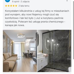 EXTRA PREMIUM GROUP SPÓŁKA Z OGRANICZONĄ ODPOWIEDZIALNOŚCIĄ - Eleganckie wnętrze mieszkania po sprzątaniu: salon z beżową kanapą i jadalnią, obok łazienka z kabiną prysznicową i umywalką na szafce. Marmurowe wykończenia i złote akcenty.