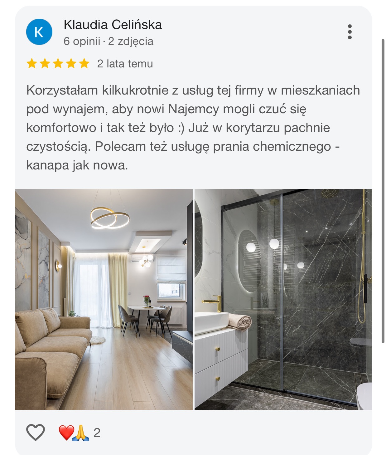 Eleganckie wnętrze mieszkania po sprzątaniu: salon z beżową kanapą i jadalnią, obok łazienka z kabiną prysznicową i umywalką na szafce. Marmurowe wykończenia i złote akcenty.