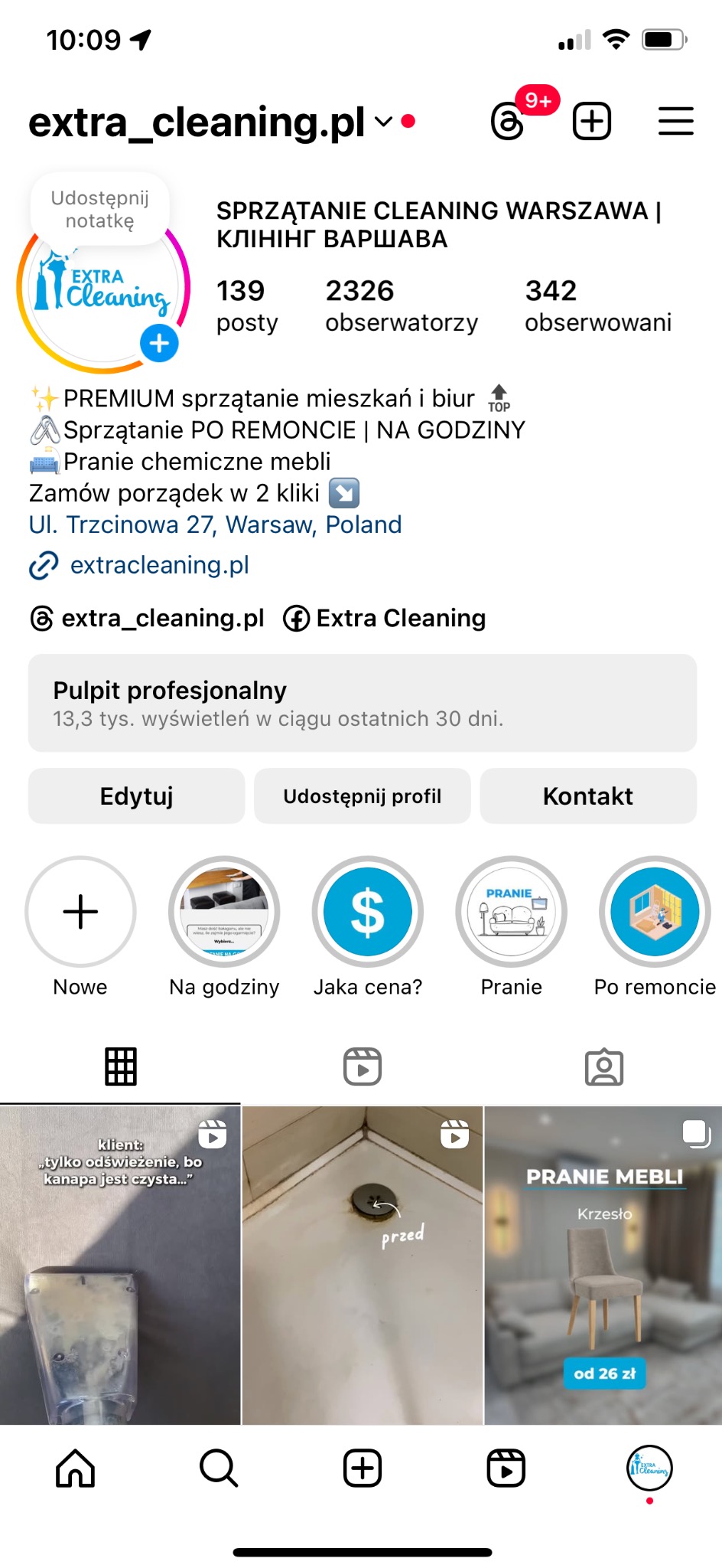 Profil firmy sprzątającej na Instagramie: logo Extra Cleaning, posty o sprzątaniu mieszkań, biur, po remoncie i praniu mebli. Widoczne zdjęcia realizacji.