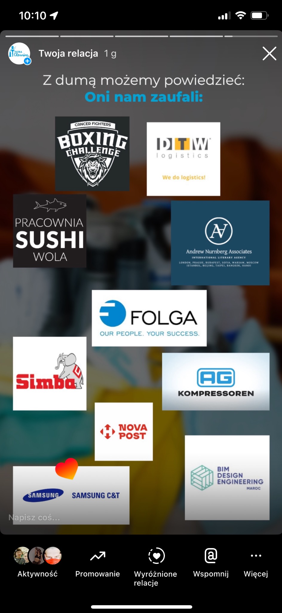 Ekran relacji z logotypami firm: Cancer Fighters Boxing Challenge, DTW Logistics, Pracownia Sushi Wola, Andrew Nurnberg Associates i inne. Prezentacja zaufania klientów.