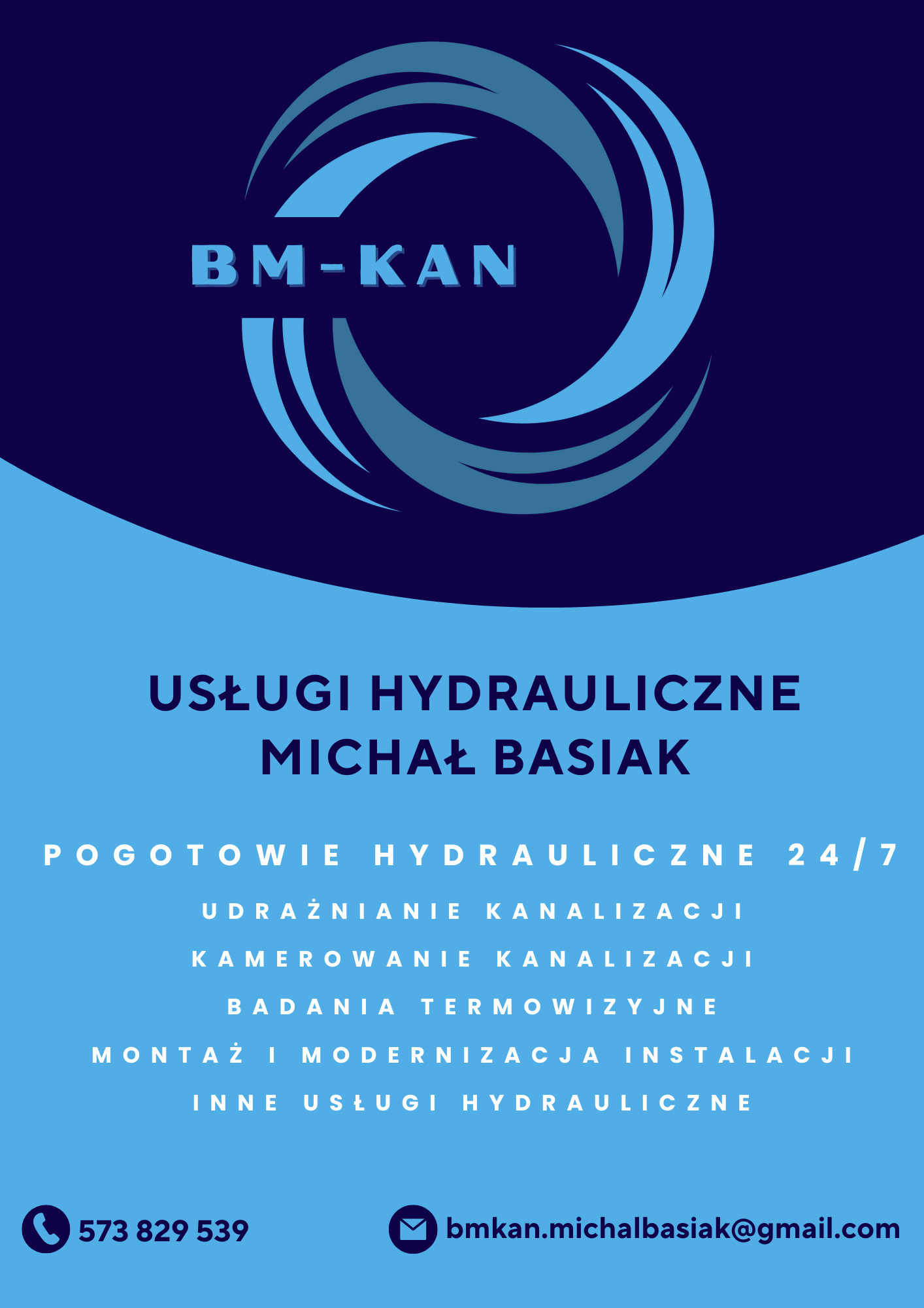 Grafika reklamowa usług hydraulicznych BM-KAN Michała Basiaka z pogotowiem 24/7, udrażnianiem, kamerowaniem kanalizacji i badaniami termowizyjnymi. Kontakt: 573 829 539.