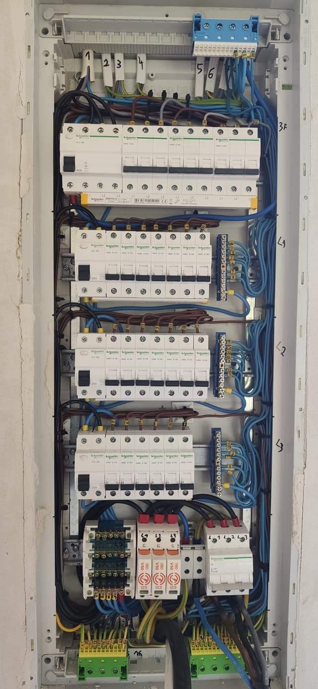 Rozdzielnica elektryczna w obudowie, widoczne zabezpieczenia, przewody, listwy zaciskowe. Nowoczesna instalacja wewnątrz budynku.