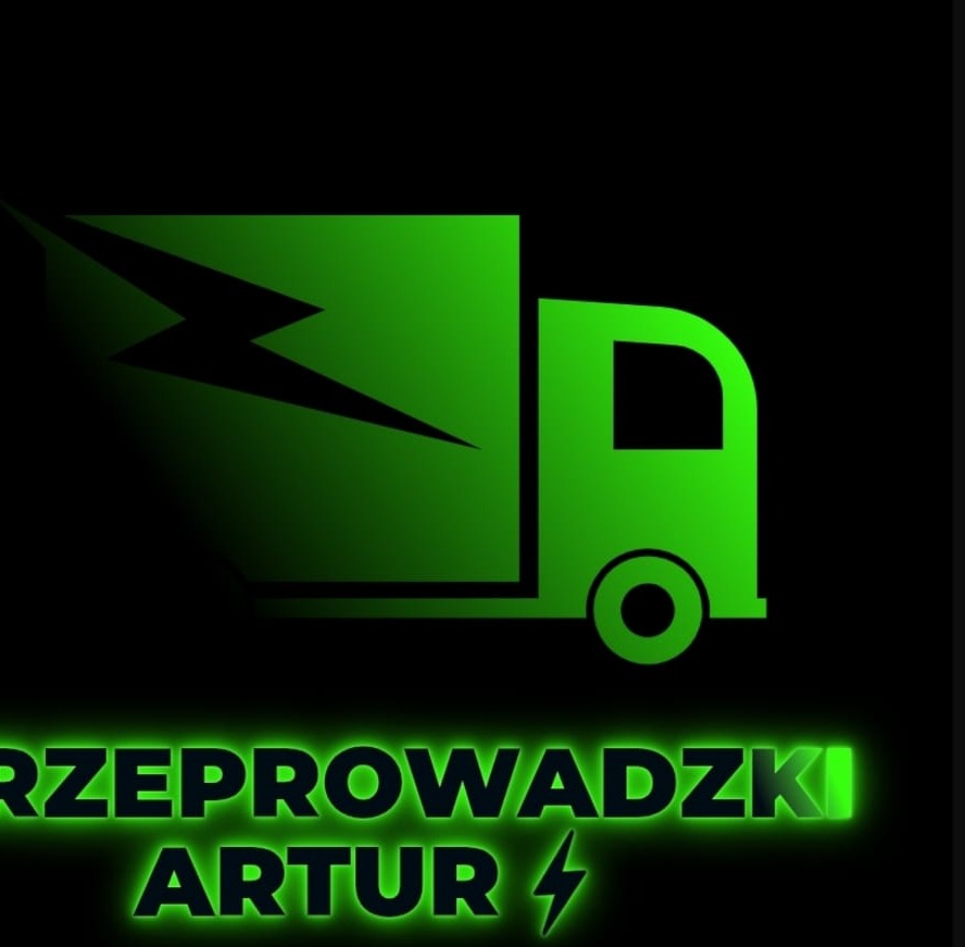 Neonowy, zielony logotyp firmy przeprowadzkowej: ciężarówka z błyskawicą i nazwą 'Przeprowadzki Artur'. Ciemne tło, prosta grafika.