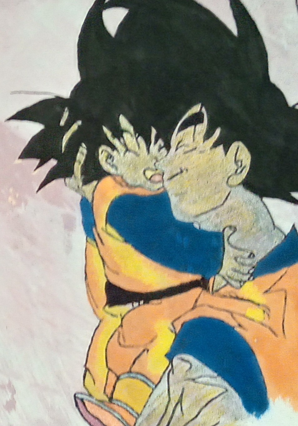 Ręcznie malowany obraz przedstawiający postaci z Dragon Ball, Goku i jego syna, w uścisku. Widoczne niedoskonałości dodają autentyczności.