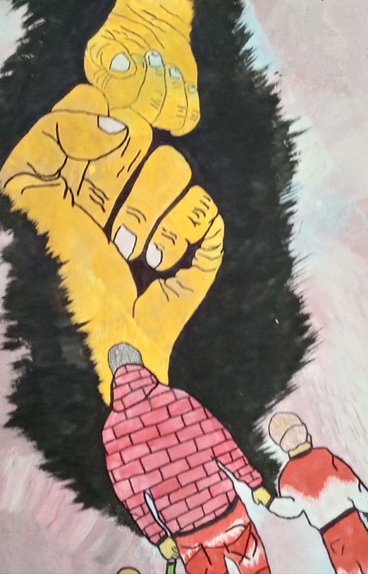 Ilustracja przedstawia dwie ręce i dwie osoby. Jedna z osób ma kurtkę w cegły. Całość wykonana w stylu malarskim, z widocznymi pociągnięciami pędzla i ciepłą paletą barw.