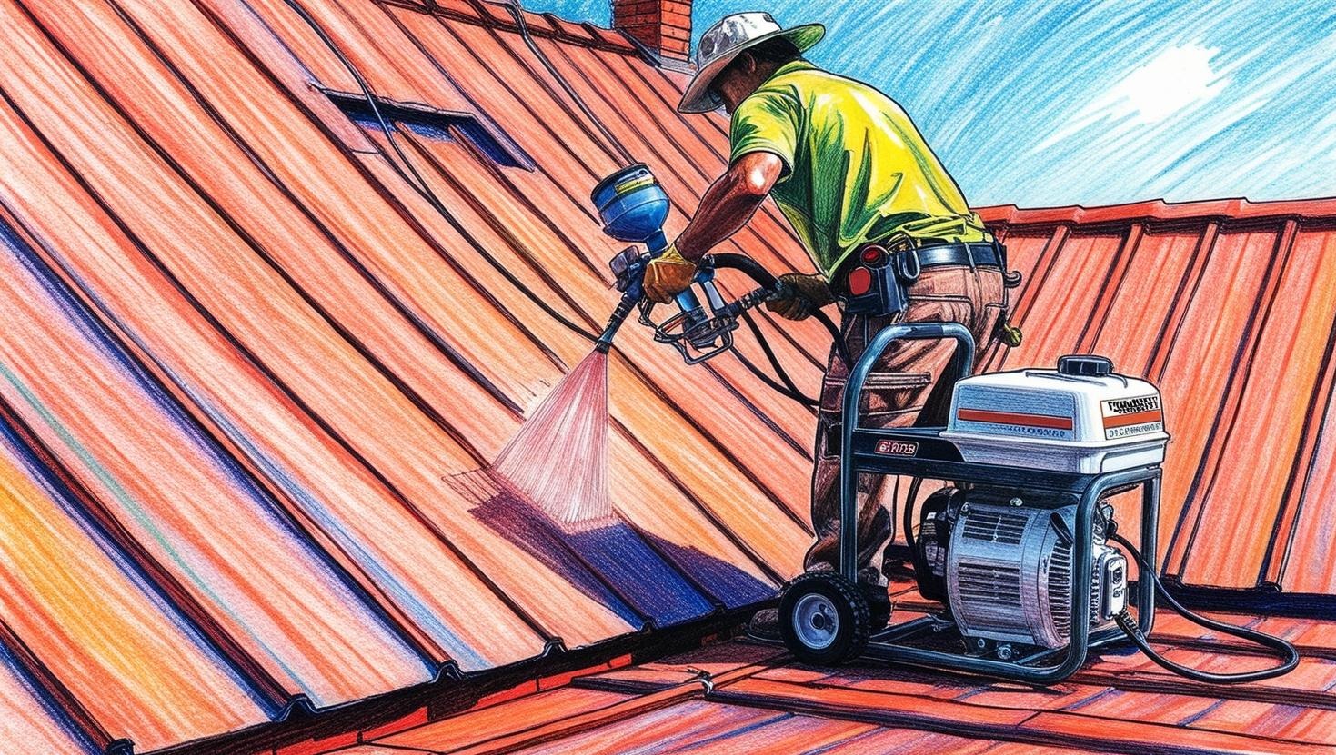 Ręczne malowanie dachu z użyciem agregatu malarskiego, widoczny strumień farby. Praca na wysokości, kask na głowie, narzędzia robocze.