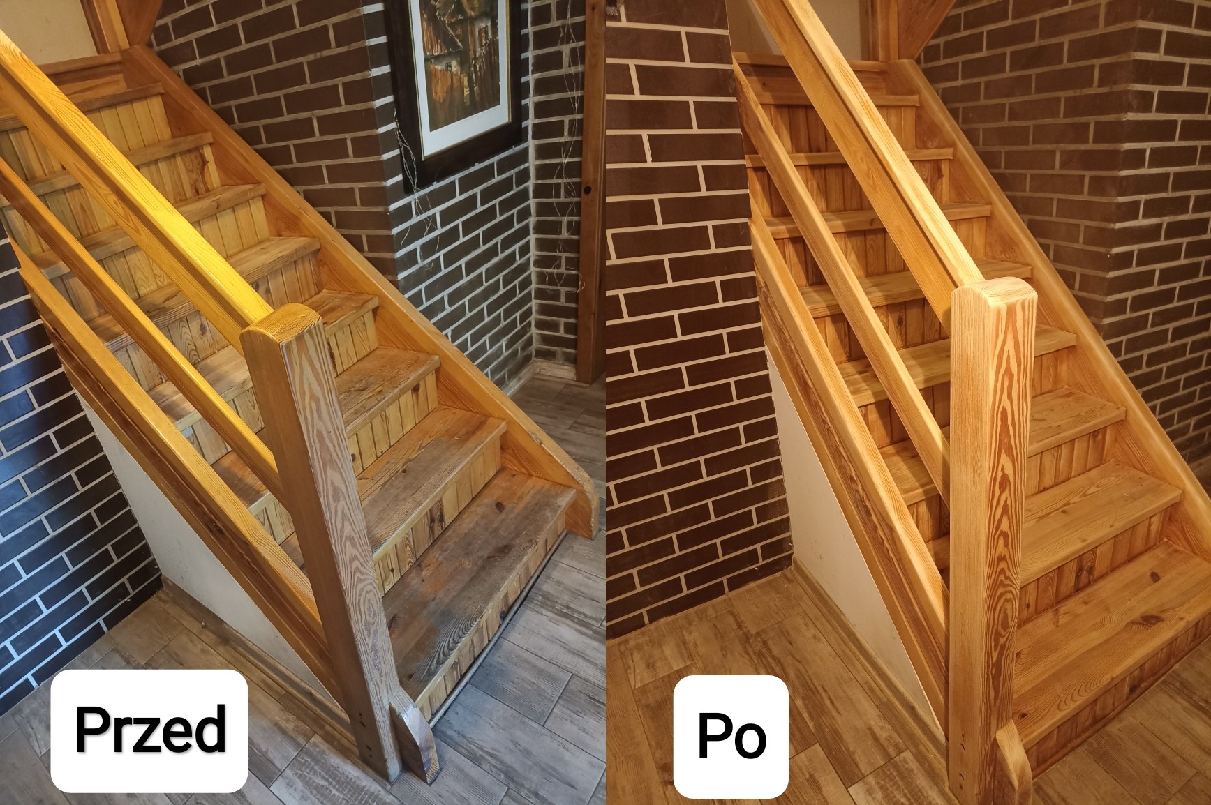 Remont schodów drewnianych: widok przed renowacją (zabrudzone) i po (odświeżone, czyste). Na ścianie brązowa cegła z białymi fugami, obraz w ramie.