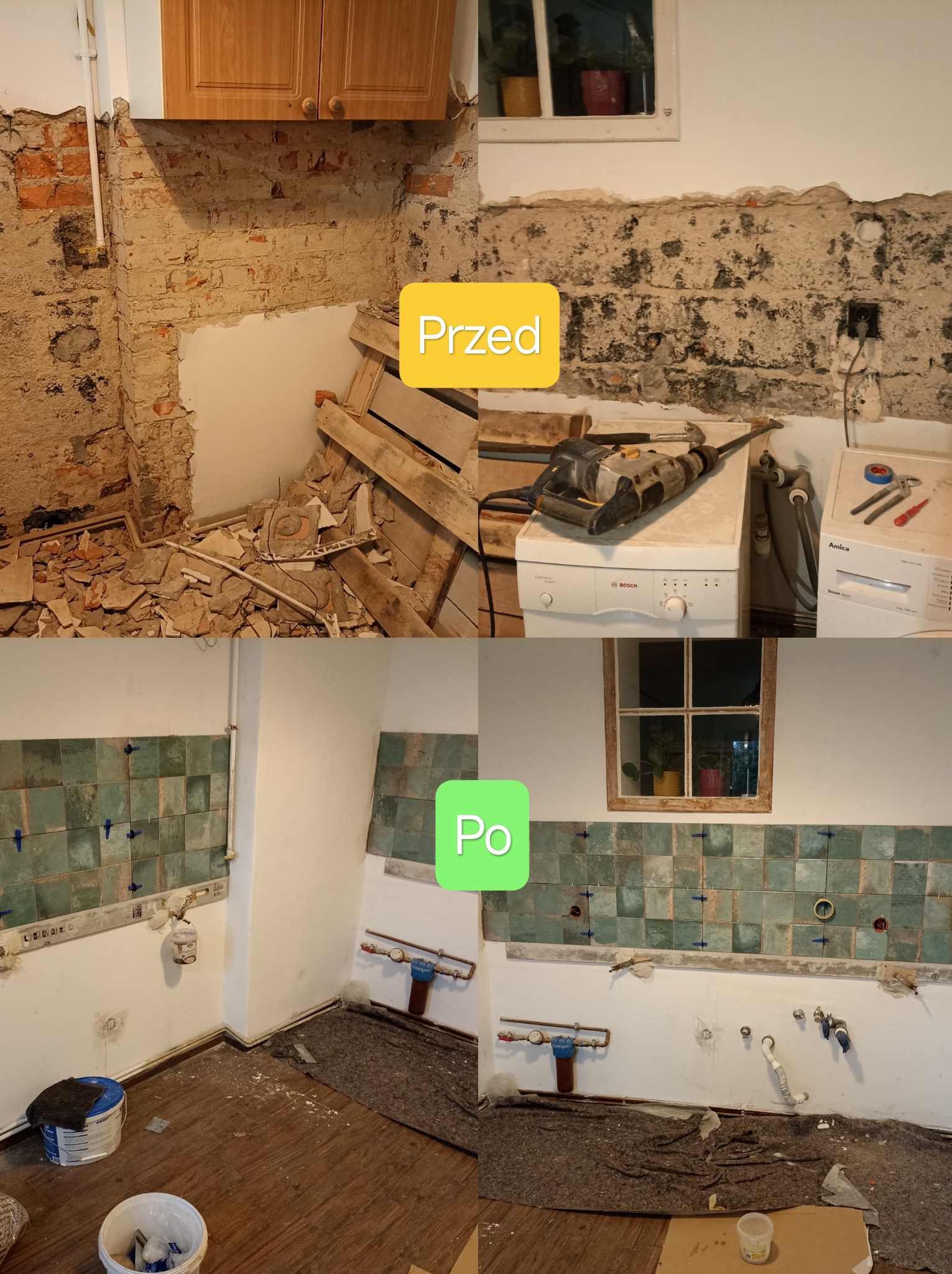 Układanie płytek na podłodze i na ścianie w kuchni, przygotowania, skuwanie starych, przygotowanie ściany itp.