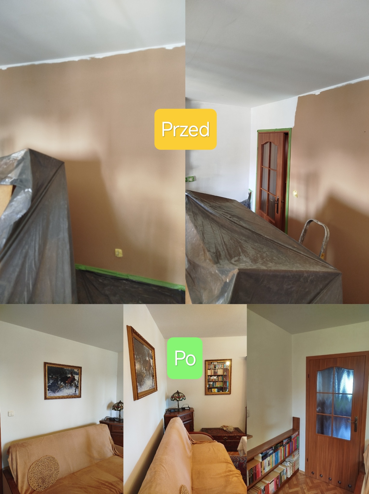 Zdjęcie 'przed i po' malowania pokoju: brązowe ściany przed, białe po. Zakryte meble, taśma malarska, drabina. Widoczne detale: obrazy, meble, drzwi.