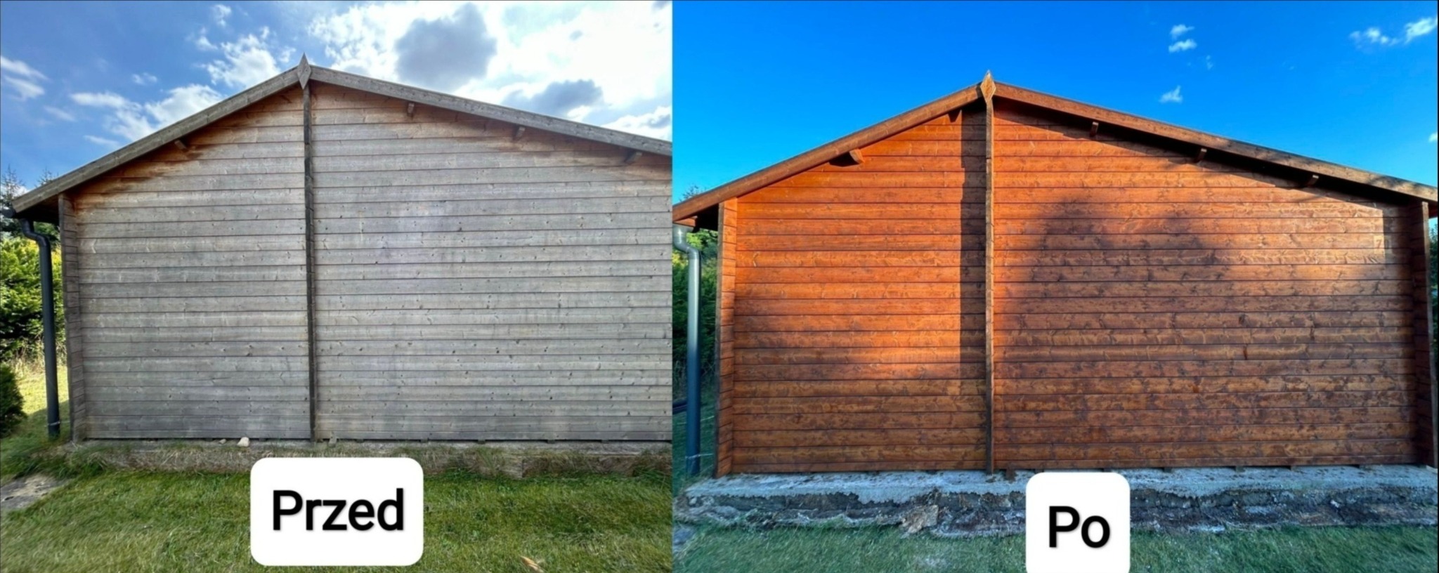 Domek letniskowy przed i po konserwacji: szary, surowy drewniany budynek po lewej, po prawej odnowiony, pomalowany na brązowo. Widok z zewnątrz, w słoneczny dzień.