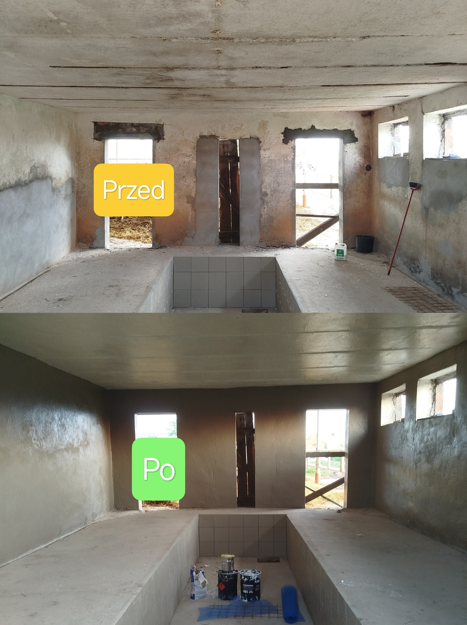 Zdjęcie 'przed i po' przedstawia wnętrze w trakcie remontu. Górna część ukazuje surowy stan, dolna - ściany po szpachlowaniu i malowaniu. Widoczne okna i fragment podłogi.