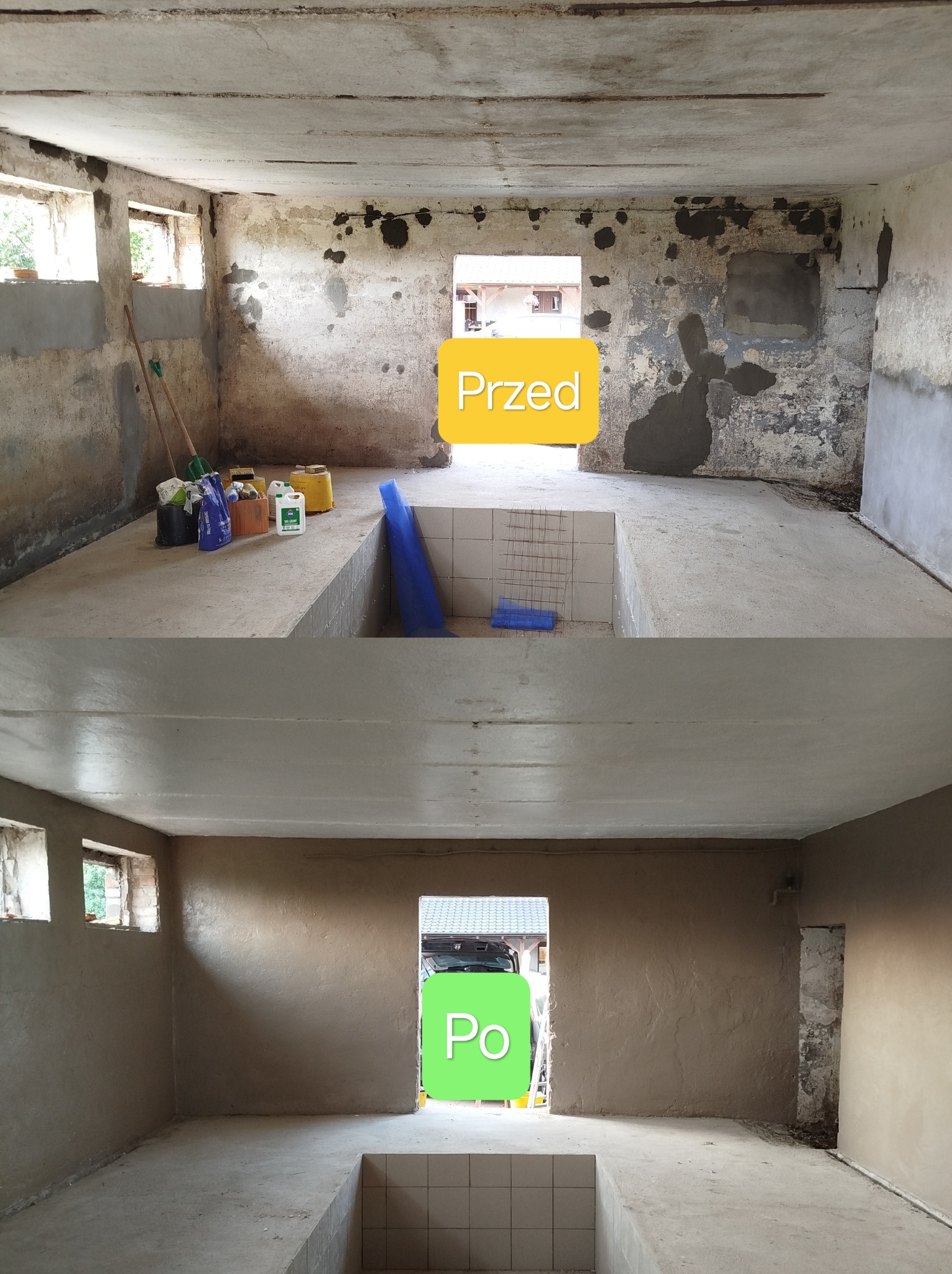 Zdjęcie 'przed i po' prezentujące surowe wnętrze z widocznymi śladami napraw, a następnie po szpachlowaniu i wyrównaniu ścian. Widoczne okna i przejście do innego pomieszczenia.