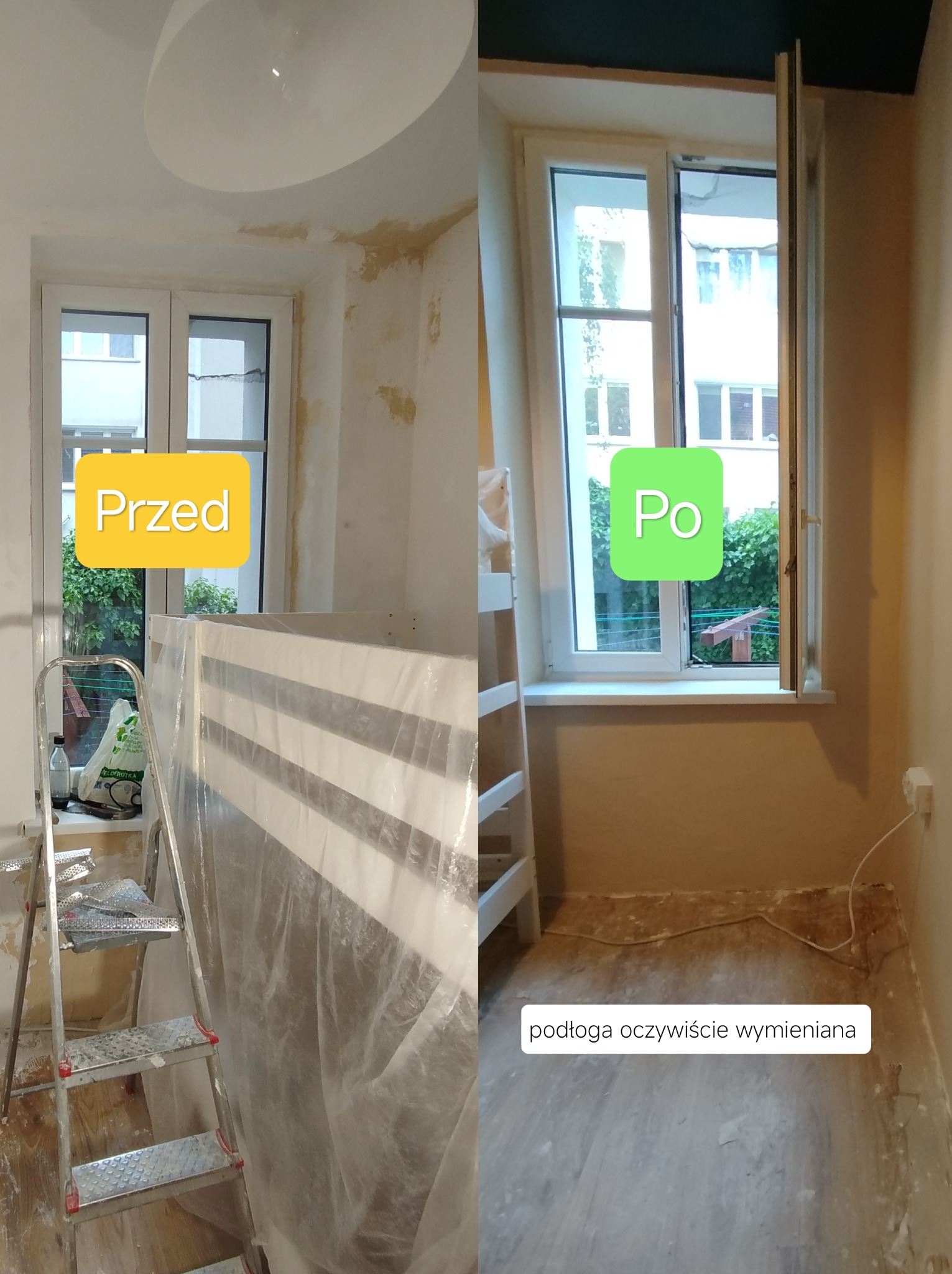 Pokój przed i po malowaniu: ściany przygotowane do malowania z widoczną drabiną i folią ochronną, a następnie pomalowane na jasny kolor, z nową podłogą.