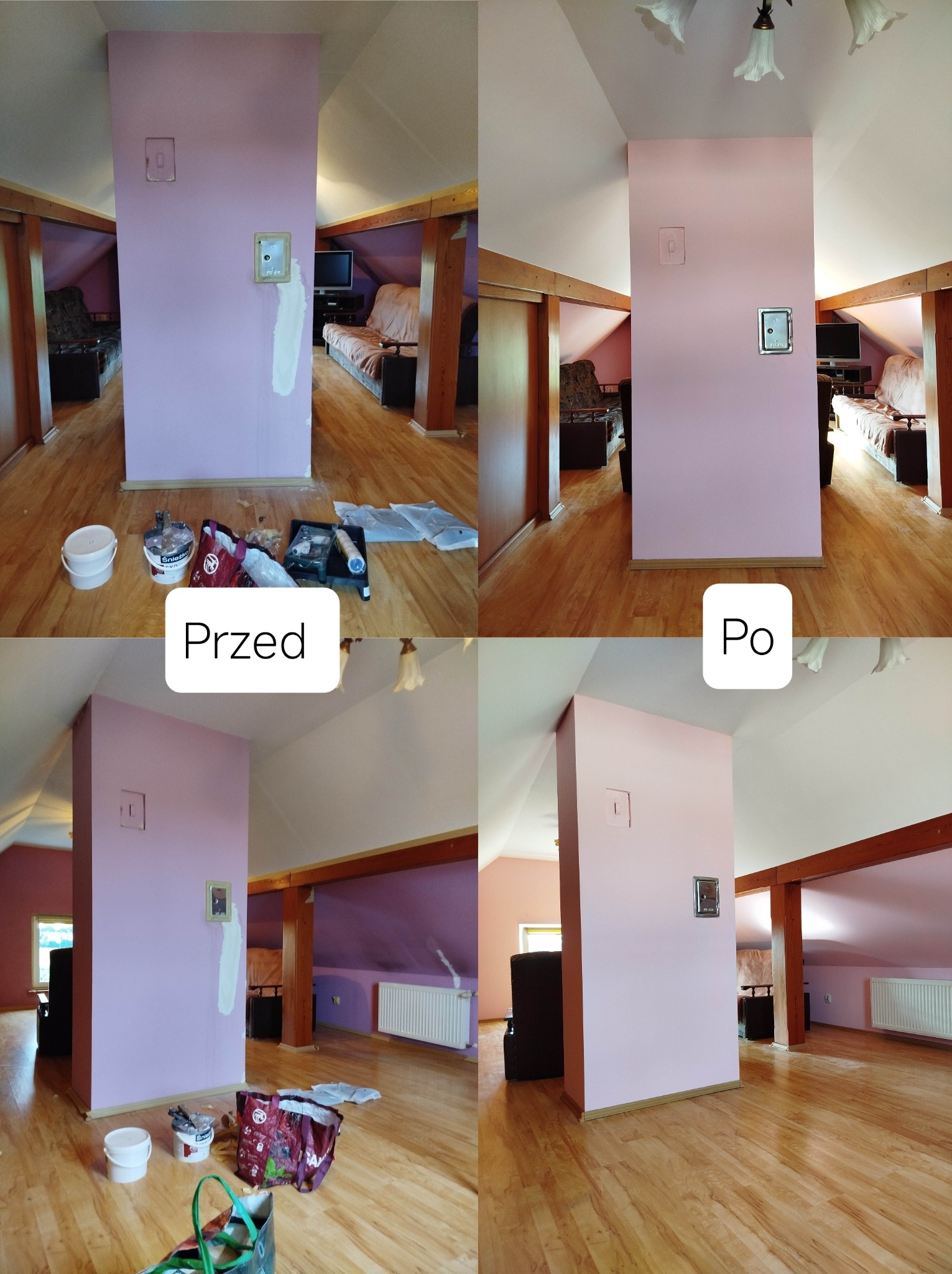 Zdjęcie 'przed i po' malowania pokoju na poddaszu. Widoczne narzędzia malarskie, ściana w kolorze liliowym przed i po odświeżeniu. Charakterystyczne drewniane elementy konstrukcyjne.