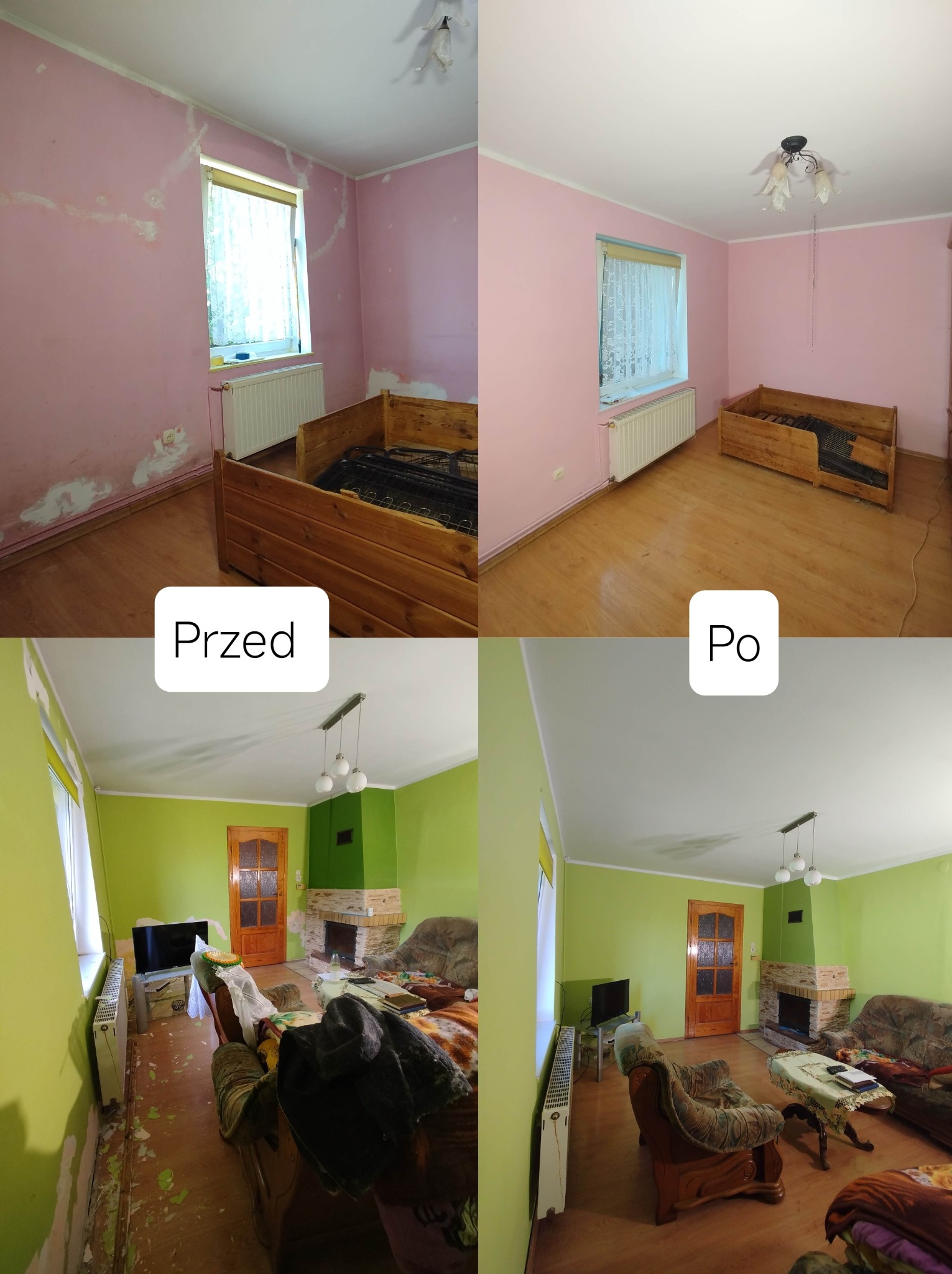Porównanie: pokój przed i po malowaniu ścian na gładko. Odcienie różu i zieleni. Widoczne meble, okno, grzejnik, lampa. Dwa ujęcia z różnym umeblowaniem.