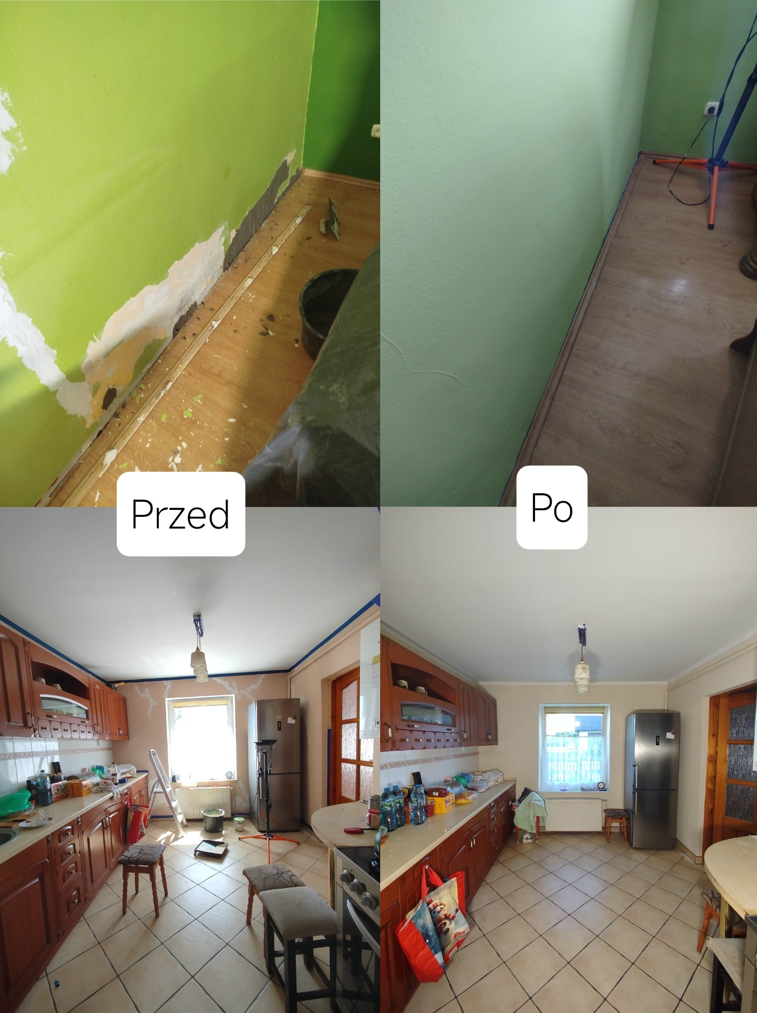 Kuchenne ściany i sufit przed i po malowaniu. Fragment ściany z widocznymi uszkodzeniami i śladami szpachli, oraz odnowiona, gładka powierzchnia. Remont kuchni.