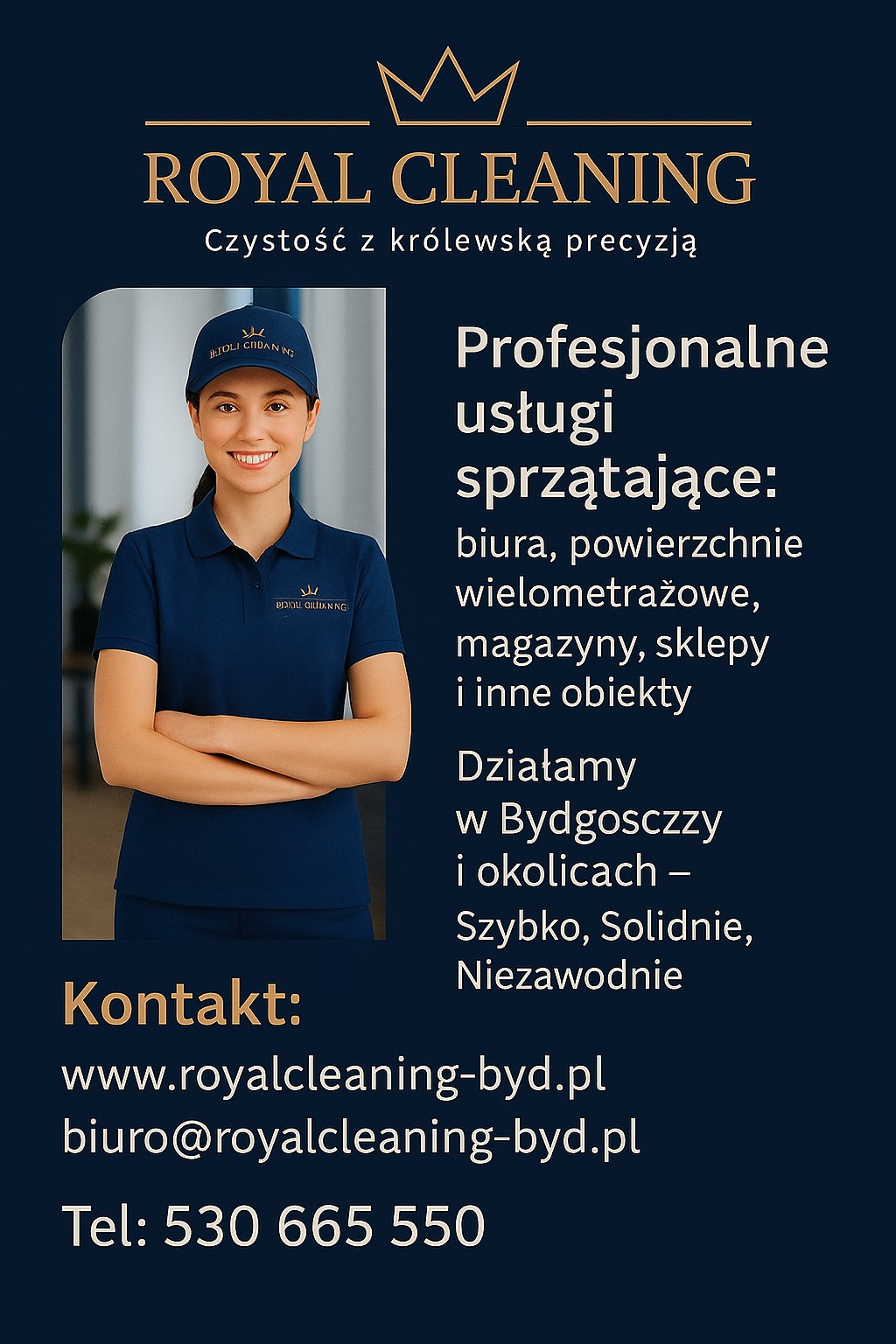Profesjonalne usługi sprzątające Royal Cleaning: uśmiechnięta pracownica w uniformie na tle informacji o ofercie, kontakcie i lokalizacji firmy w Bydgoszczy.