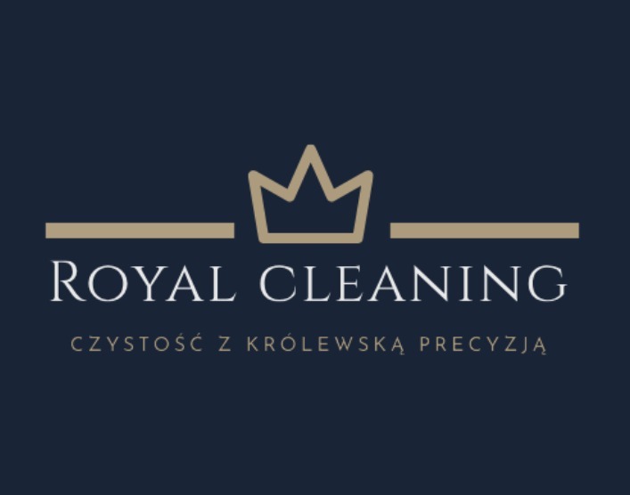 Eleganckie logo firmy Royal Cleaning na granatowym tle, z motywem korony i hasłem 'Czystość z królewską precyzją'. Minimalistyczny design w odcieniach beżu.