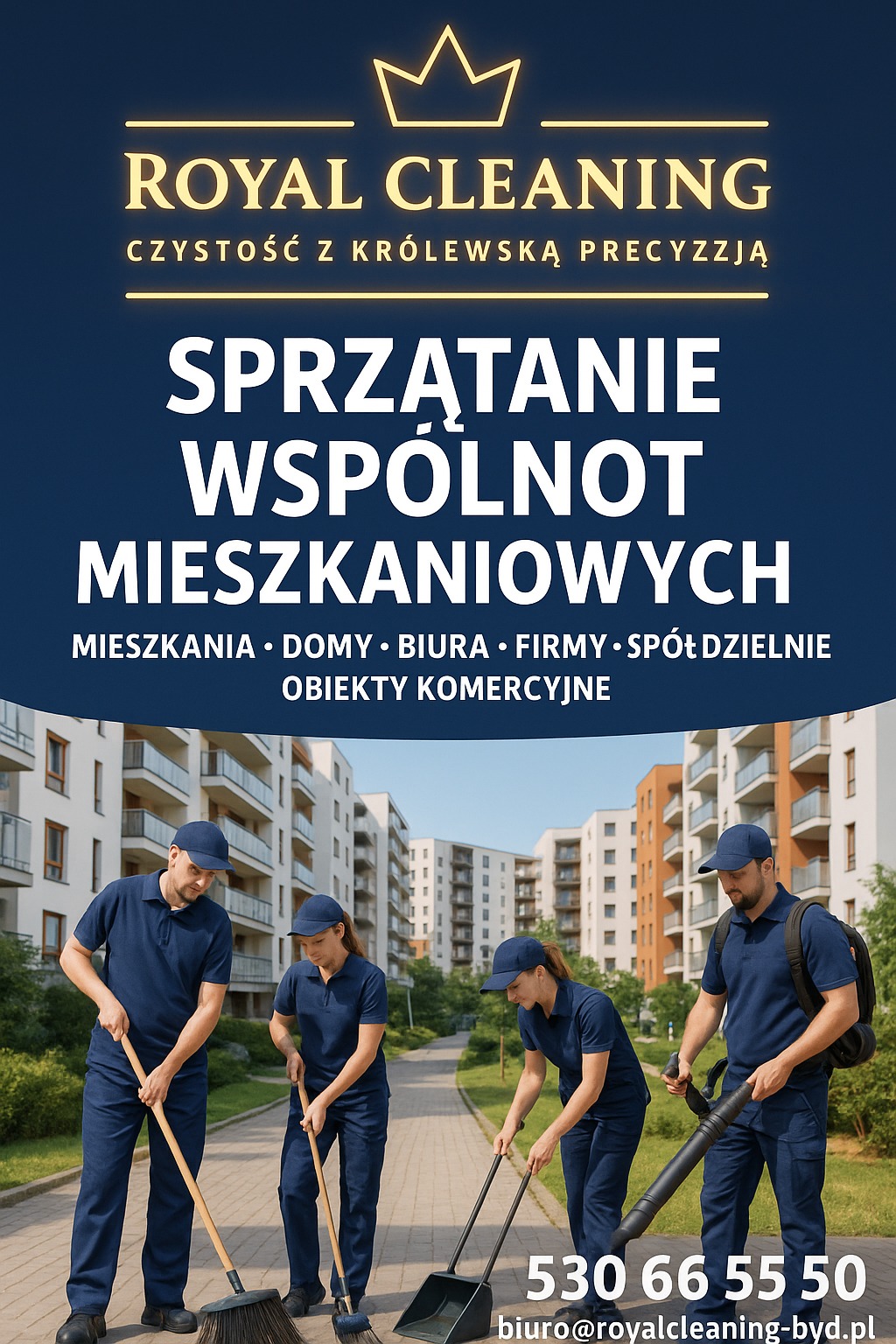 Zespół sprzątający w granatowych uniformach, z miotłami i dmuchawą, na tle bloków mieszkalnych. Reklama firmy Royal Cleaning, sprzątanie wspólnot mieszkaniowych.