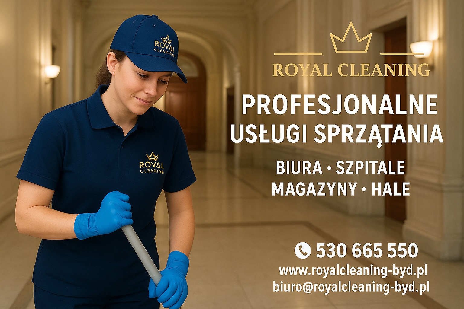 Pracownica firmy sprzątającej Royal Cleaning w uniformie, z mopem na tle eleganckiego korytarza. Widoczne logo firmy i hasło: Profesjonalne usługi sprzątania.