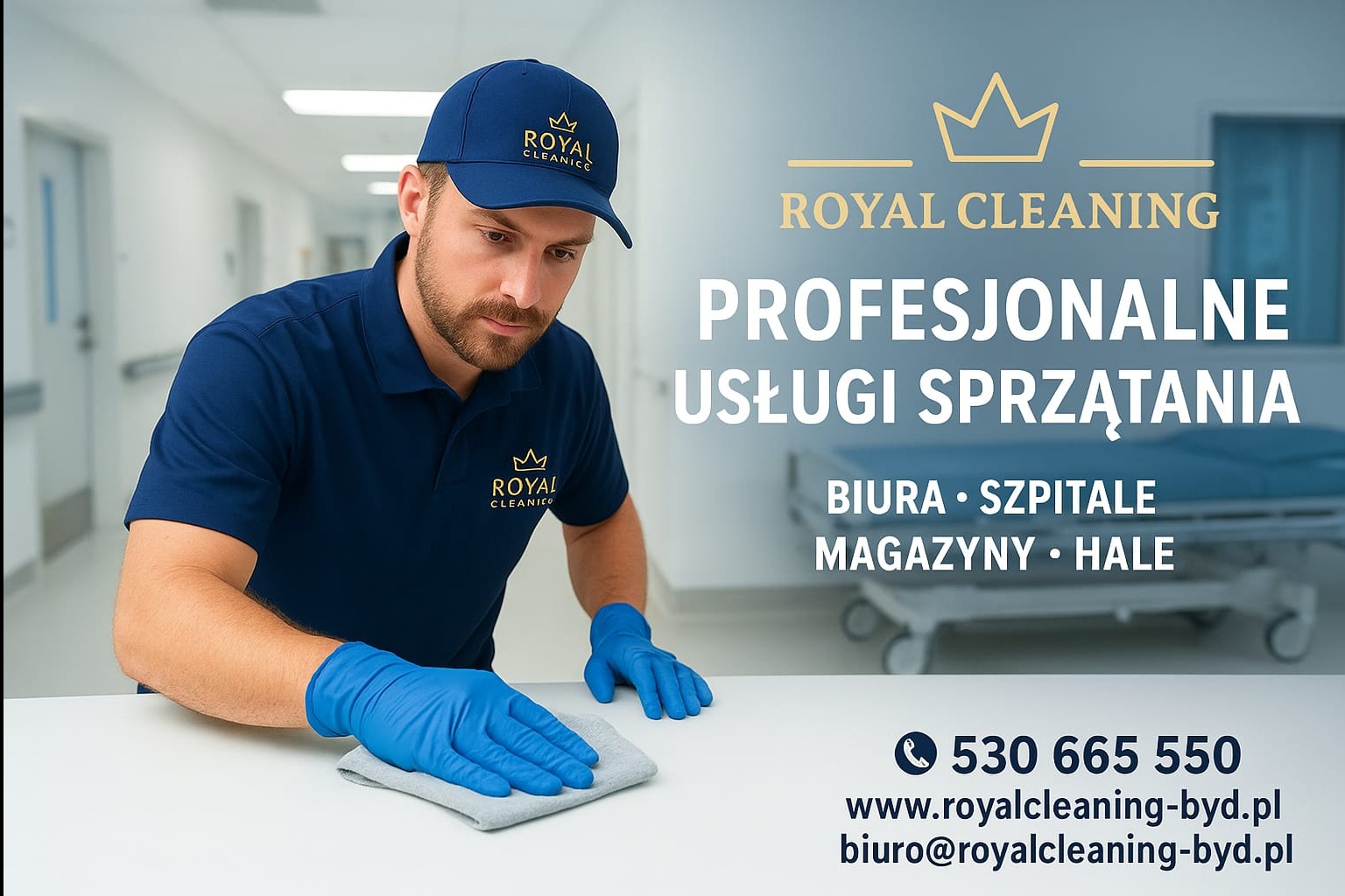 Mężczyzna w uniformie Royal Cleaning czyści powierzchnię w szpitalu. Reklama profesjonalnych usług sprzątania biur, szpitali, magazynów i hal. Kontakt telefoniczny i mailowy.