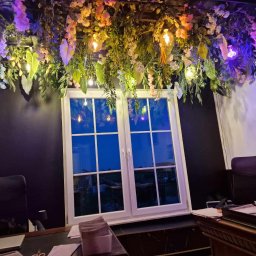 Firma ogólnobudowlana ariel Kowalke - Ciemne biuro z oknem, dekoracją kwiatową i lampami. Widoczne biurko i krzesła. Nietypowe oświetlenie i wystrój wnętrza.