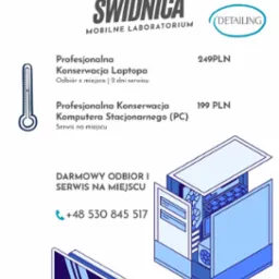 Graficzna reklama serwisu komputerowego PC Stacja Świdnica, oferującego konserwację laptopów i komputerów stacjonarnych z darmowym odbiorem i serwisem na miejscu.