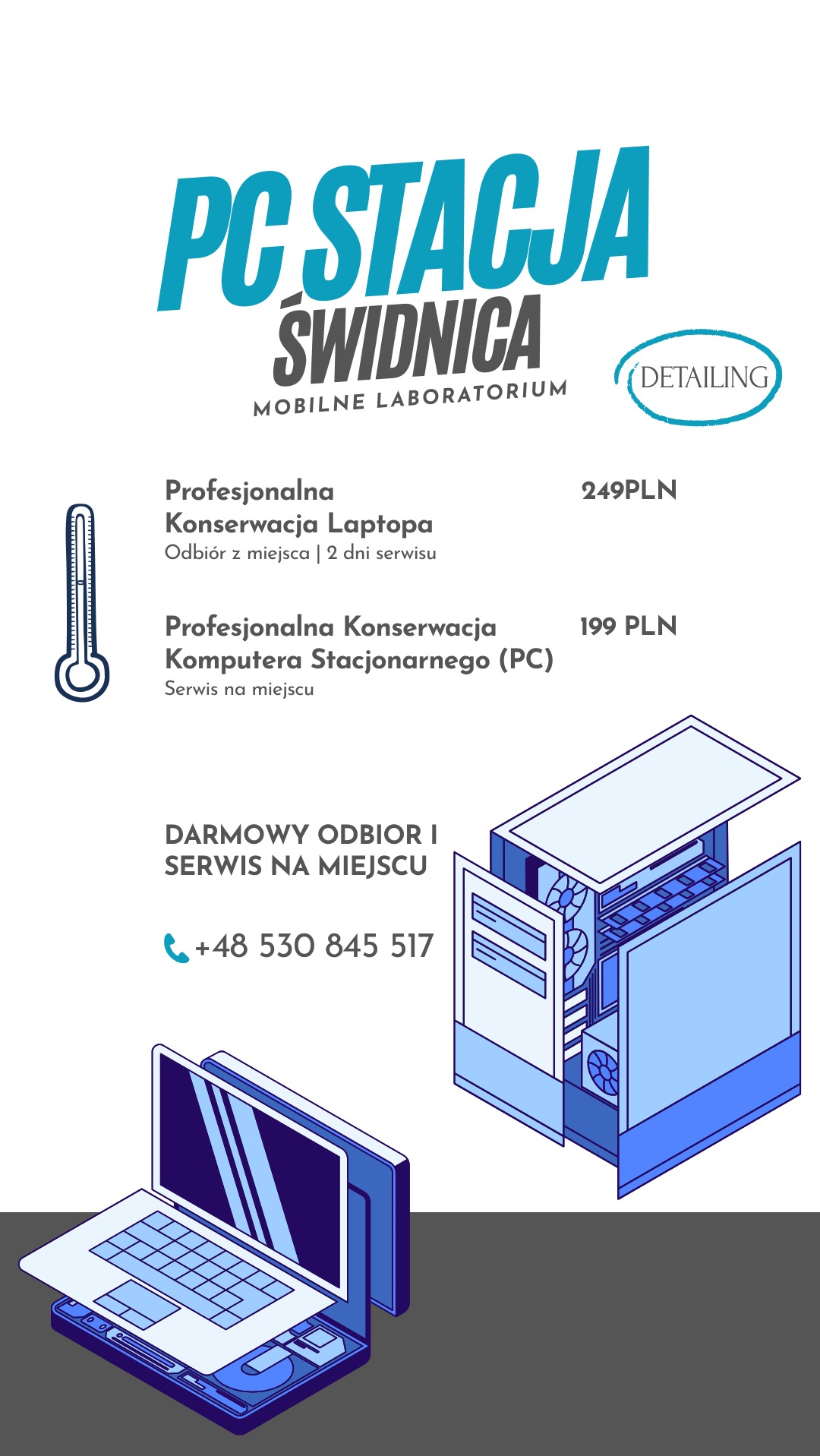 Graficzna reklama serwisu komputerowego PC Stacja Świdnica, oferującego konserwację laptopów i komputerów stacjonarnych z darmowym odbiorem i serwisem na miejscu.