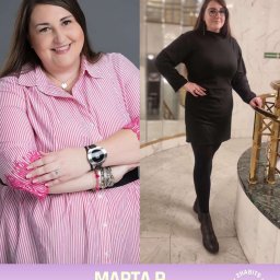 2Habits - Zdjęcie typu 'przed i po' prezentujące metamorfozę kobiety. Po lewej stronie w różowej koszuli, po prawej w czarnej sukience, z widoczną utratą wagi.