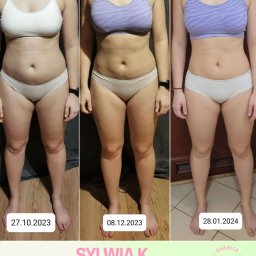 2Habits - Efekt 3-miesięcznej współpracy: metamorfoza sylwetki kobiety, widoczna różnica w budowie ciała na przestrzeni czasu, udokumentowana datami na zdjęciach.