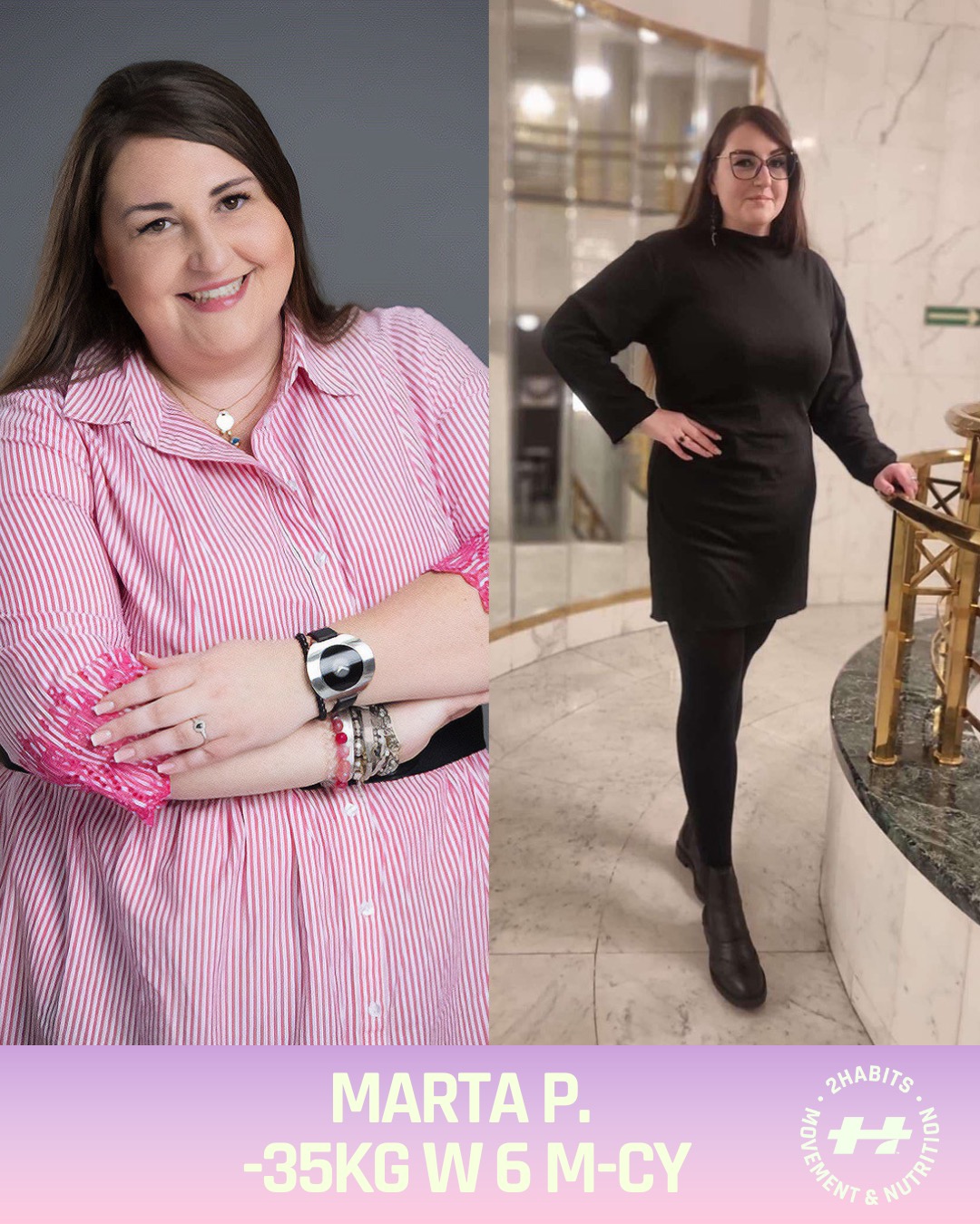 Zdjęcie typu 'przed i po' prezentujące metamorfozę kobiety. Po lewej stronie w różowej koszuli, po prawej w czarnej sukience, z widoczną utratą wagi.