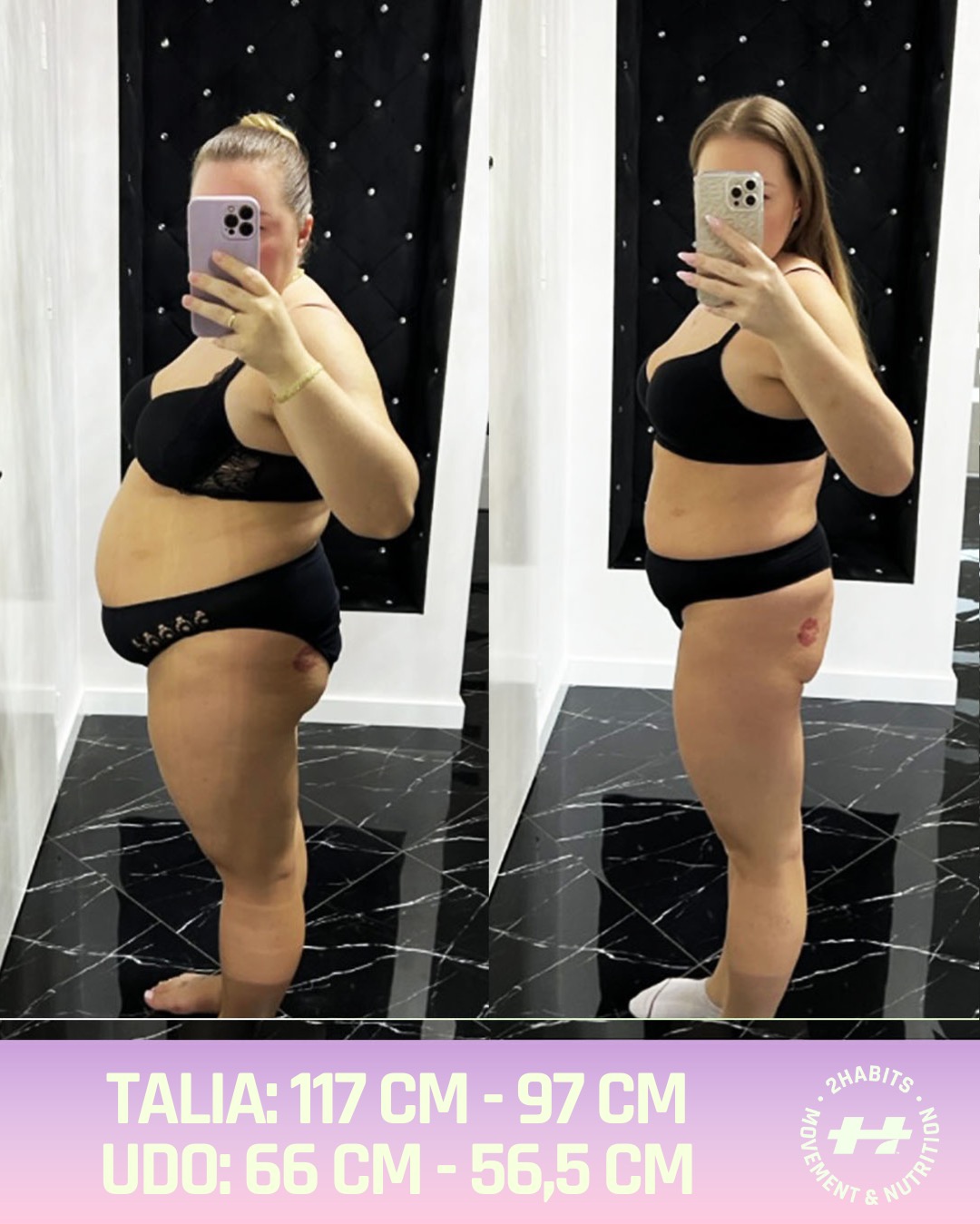 Zdjęcie typu 'przed i po' kobiety w bieliźnie, prezentujące zmiany w obwodzie talii i uda. Widoczne pomiary w cm. Tło stanowi czarno-biała podłoga i czarna ściana.