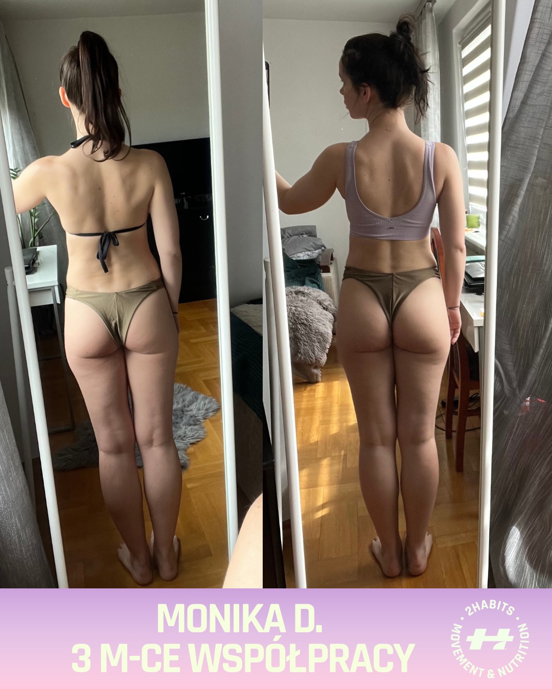 Efekt 3-miesięcznej współpracy: metamorfoza sylwetki kobiety, widoczna zmiana w postawie i budowie ciała, ujęcie typu 'przed i po' w lustrzanym odbiciu.