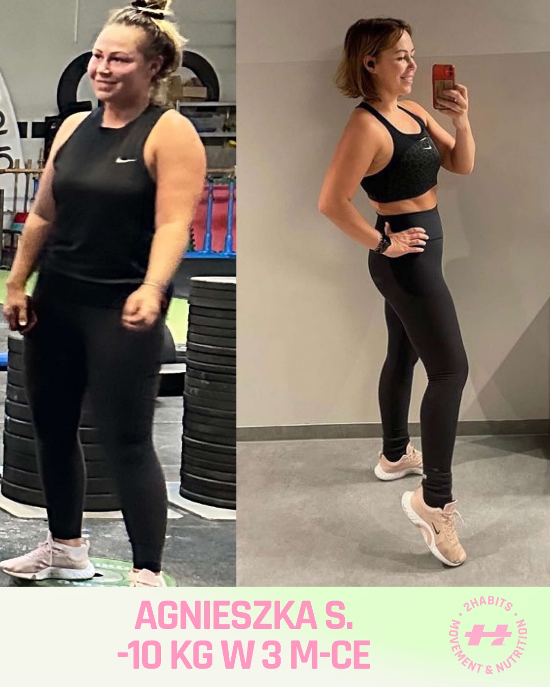 Kobieta w legginsach, widoczna sylwetka przed i po odchudzaniu, trzyma telefon. Efekt diety i treningu, widoczne logo firmy. Zmiana sylwetki w 3 miesiące.