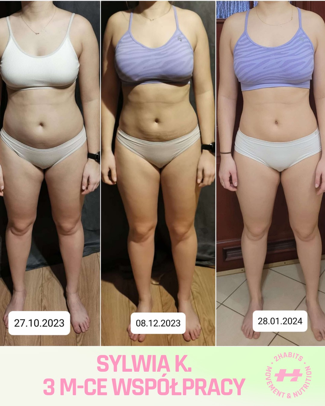 Efekt 3-miesięcznej współpracy: metamorfoza sylwetki kobiety, widoczna różnica w budowie ciała na przestrzeni czasu, udokumentowana datami na zdjęciach.