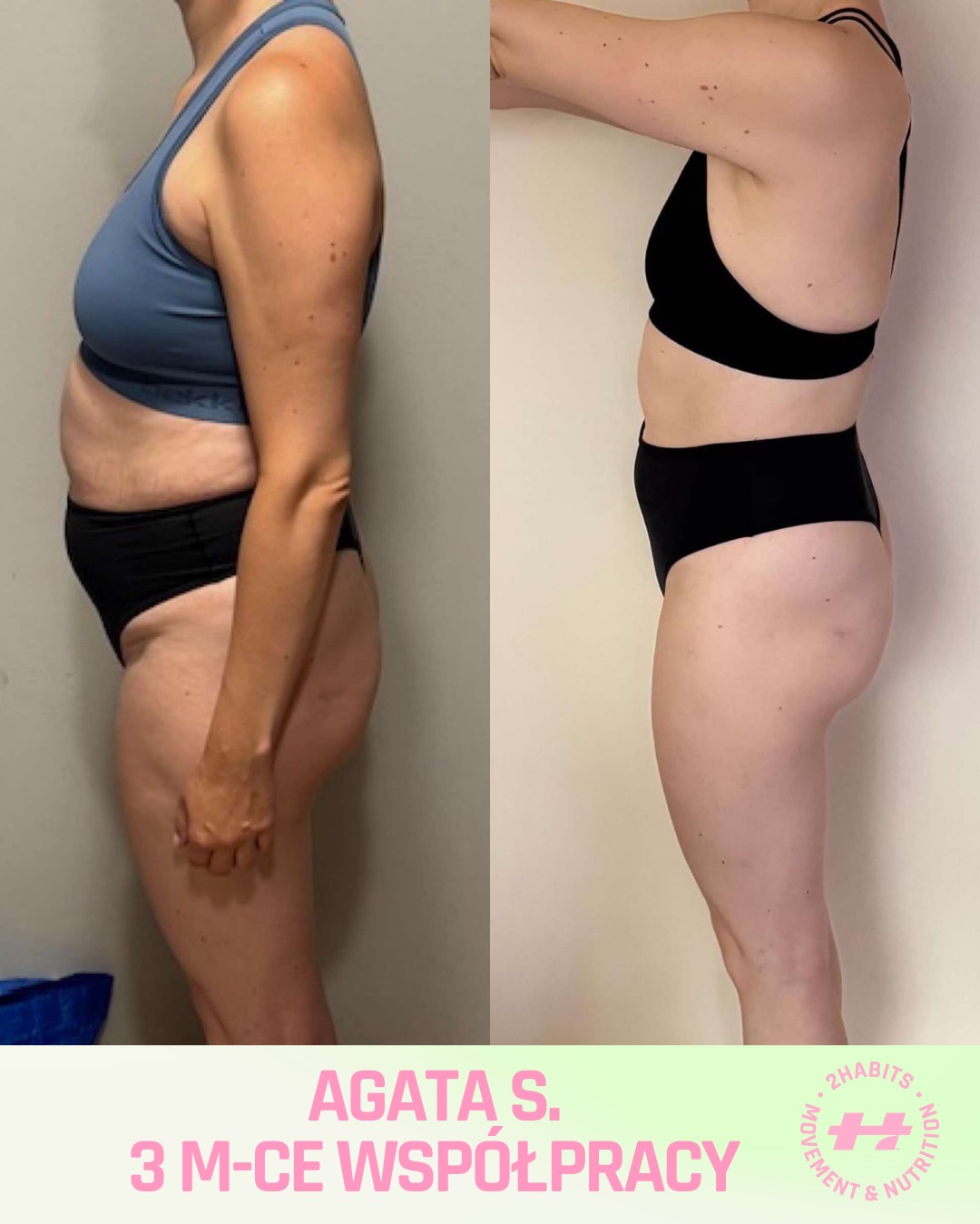 Efekt 3-miesięcznej współpracy: metamorfoza sylwetki kobiety, widoczna zmiana w talii i udach, porównanie 'przed' w niebieskim stroju i 'po' w czarnym.