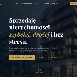 Bartosz Kutnik - Strona internetowa doradcy ds. nieruchomości z Torunia, z nowoczesnym budynkiem w tle. Napis: 'Sprzedaję nieruchomości szybciej, drożej i bez stresu'.