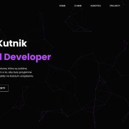 Bartosz Kutnik - Strona portfolio frontend developera Bartosza Kutnika z czarnym tłem i fioletowymi akcentami. Widoczne menu nawigacyjne i przyciski 'Skontaktuj się' i 'Projekty'.
