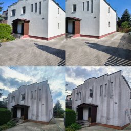 Usługi remontowo budowlane Jerzy Pietruszyński - Zdjęcie typu 'przed i po' prezentujące budynek przed i po umyciu elewacji. Na górze czysta, biała elewacja, na dole zabrudzona, szara elewacja z widocznym wężem ciśnieniowym.