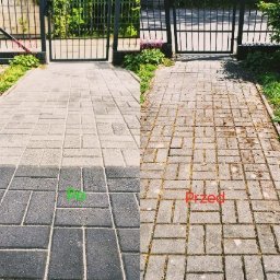 Usługi remontowo budowlane Jerzy Pietruszyński - Efekt 'przed i po' mycia kostki brukowej w Puszczykowie. Po lewej czysta, szara kostka, po prawej zabrudzona, porośnięta mchem. Widoczna brama w tle.