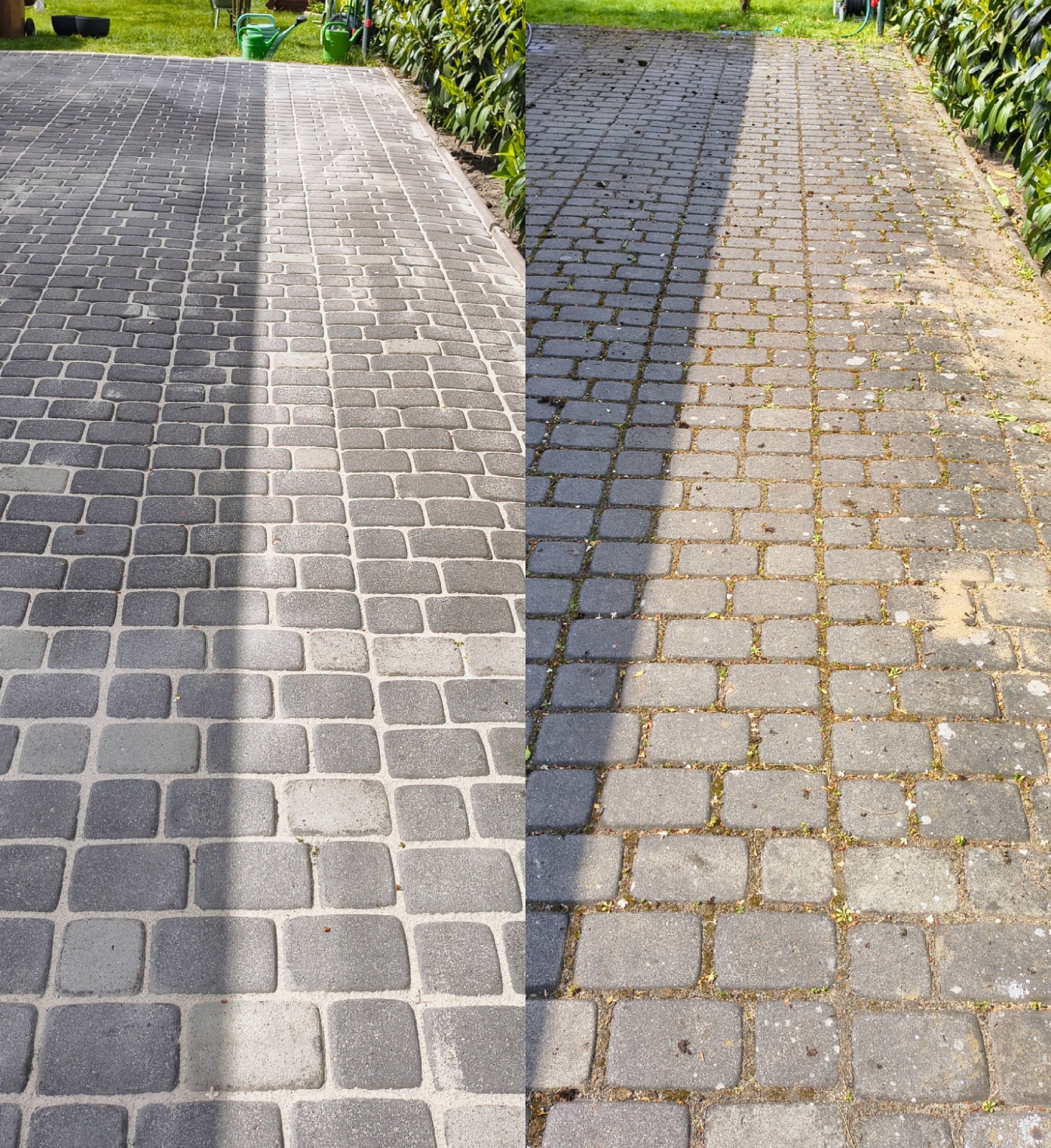 Efekt mycia kostki brukowej: połowa powierzchni czysta, szara, druga połowa brudna, z mchem i piaskiem. Widoczne krzewy i trawnik w tle.