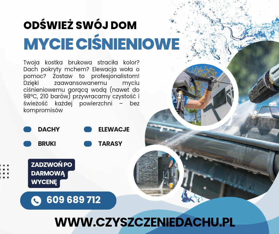 Grafika reklamowa: mycie ciśnieniowe dachów, elewacji, bruku i tarasów. Usługi czyszczenia z numerem telefonu i adresem strony internetowej.