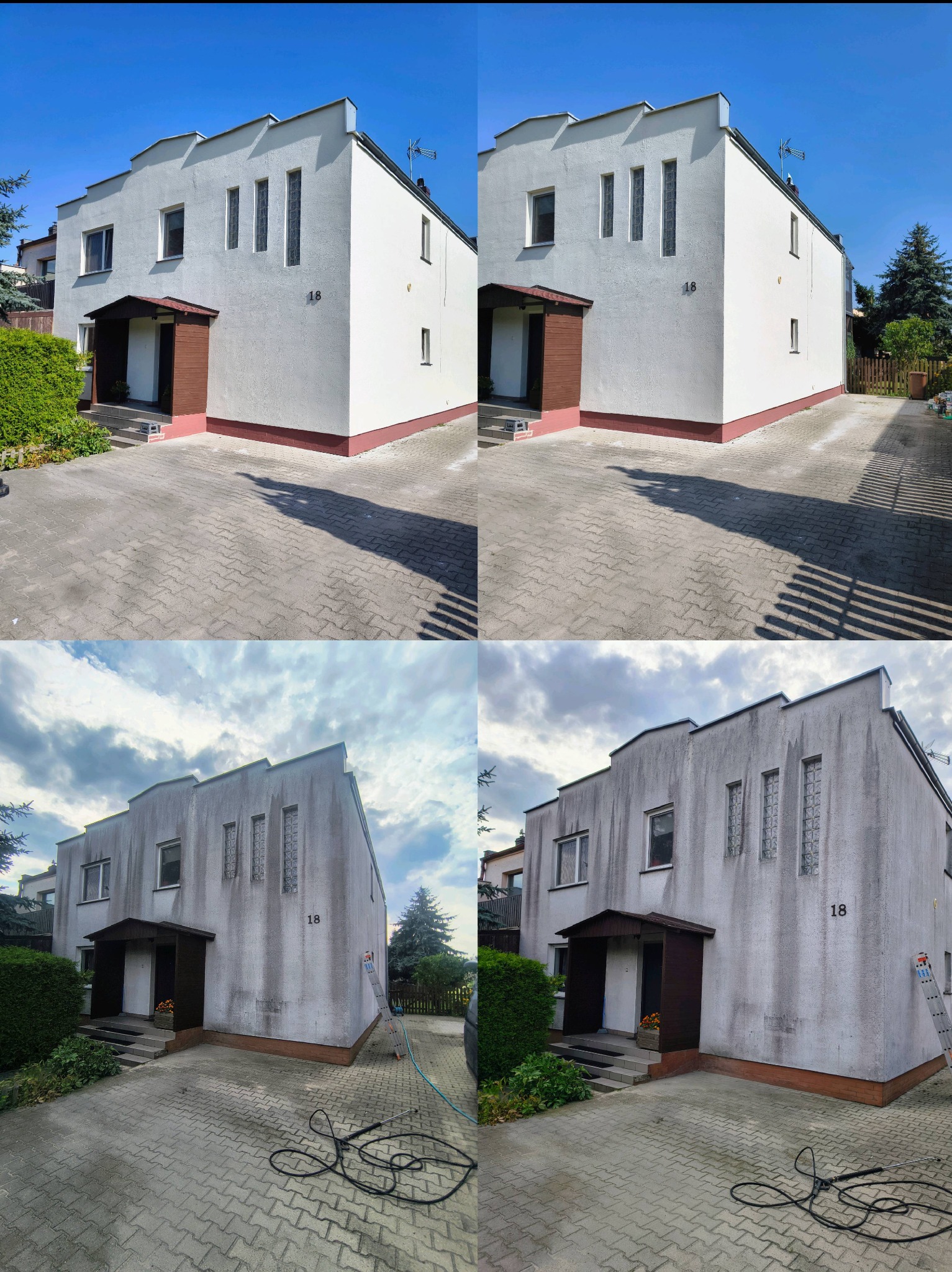 Zdjęcie typu 'przed i po' prezentujące budynek przed i po umyciu elewacji. Na górze czysta, biała elewacja, na dole zabrudzona, szara elewacja z widocznym wężem ciśnieniowym.