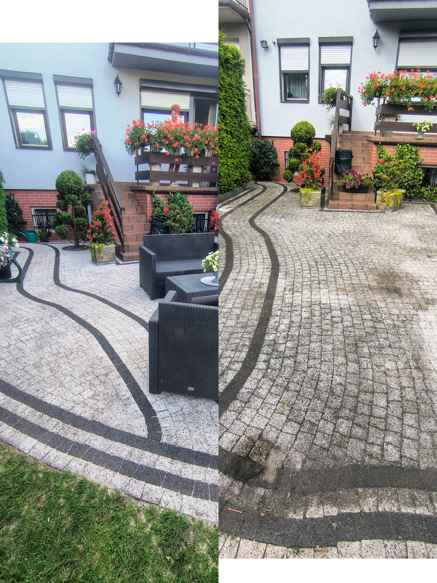 Kostka brukowa przed i po czyszczeniu, z widocznymi różnicami w zabrudzeniach. Na drugim planie dom z balkonem i kwiatami.