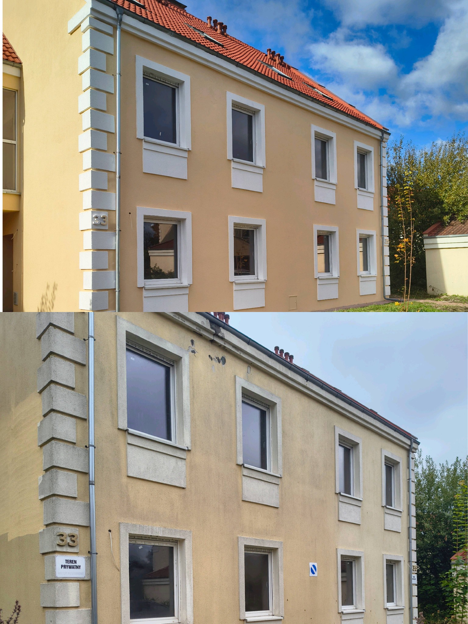 Zdjęcie 'przed i po' odnowionej elewacji budynku z beżową fasadą i białymi obramowaniami okien. Widoczne zmiany w kolorze i czystości.